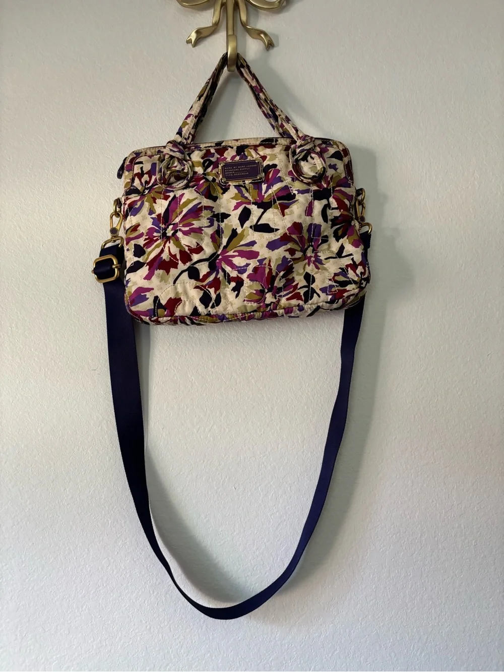 Marc by Marc Jacobs Cream Floral Quilted Laptop Bag with Purple Strap